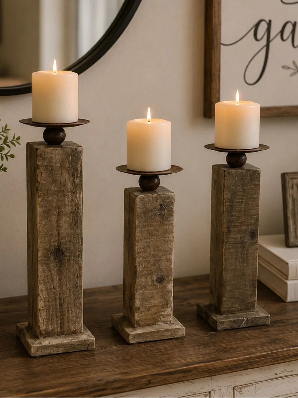 Rustic Wood Pillar Candle Holders - Set of 3